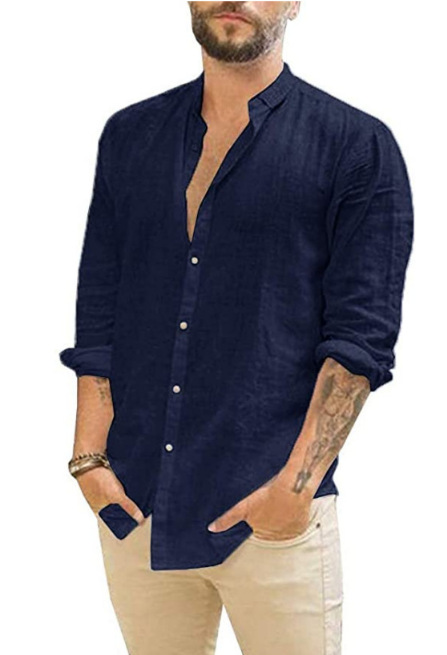 Hot Selling Spring and Summer Men's Casual Versatile Linen Cardigan Solid Color Casual Standing Collar Shirt_voghion.com