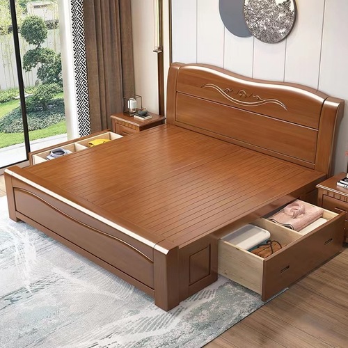 Chinese Oak Solid Wood Bed 1.5m Single Bed 1.8m Double Bed Modern Master Bedroom Drawer High Box Storage Wedding Bed