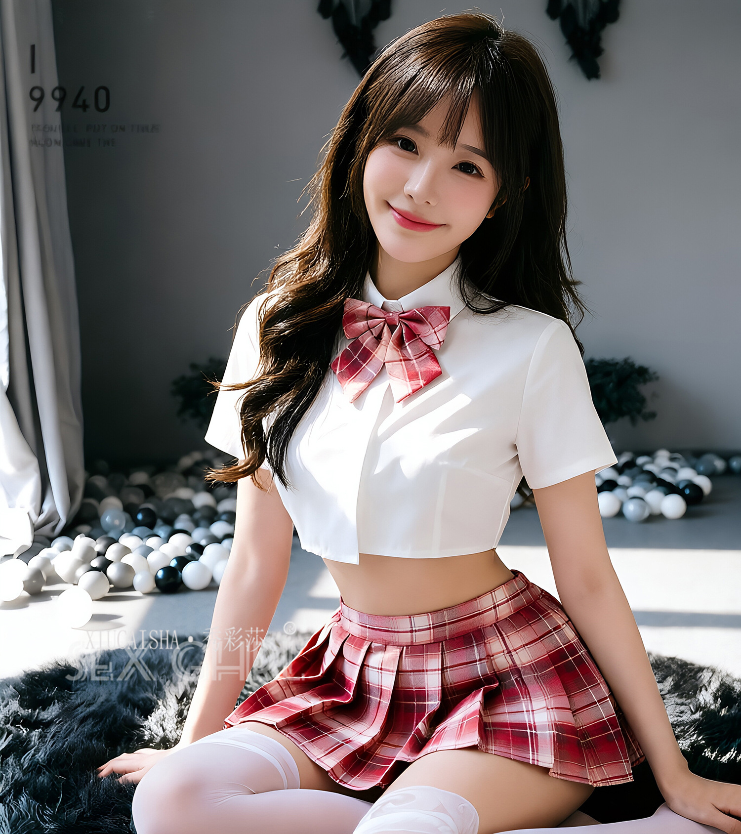 Student-Style Roleplay Lingerie Set with Plaid Skirt, Top, Bow Tie, Thong and Stockings — detail image 19