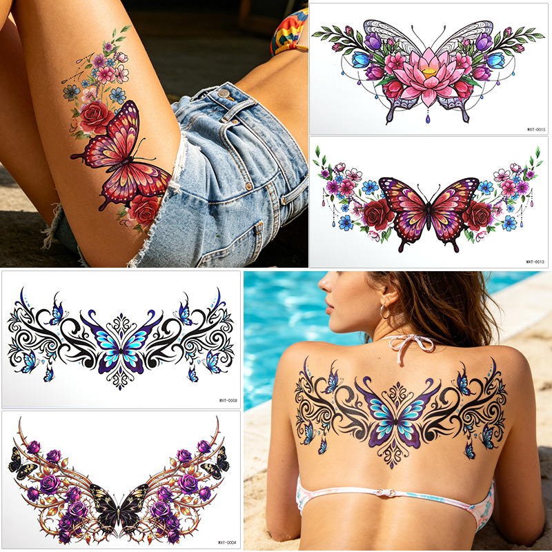 Cross-Border European and American Color Tattoo Stickers, Waterproof and Long-Lasting, Butterfly and Floral Designs for Chest, Waist, Side, and Collarbone Temporary Tattoos