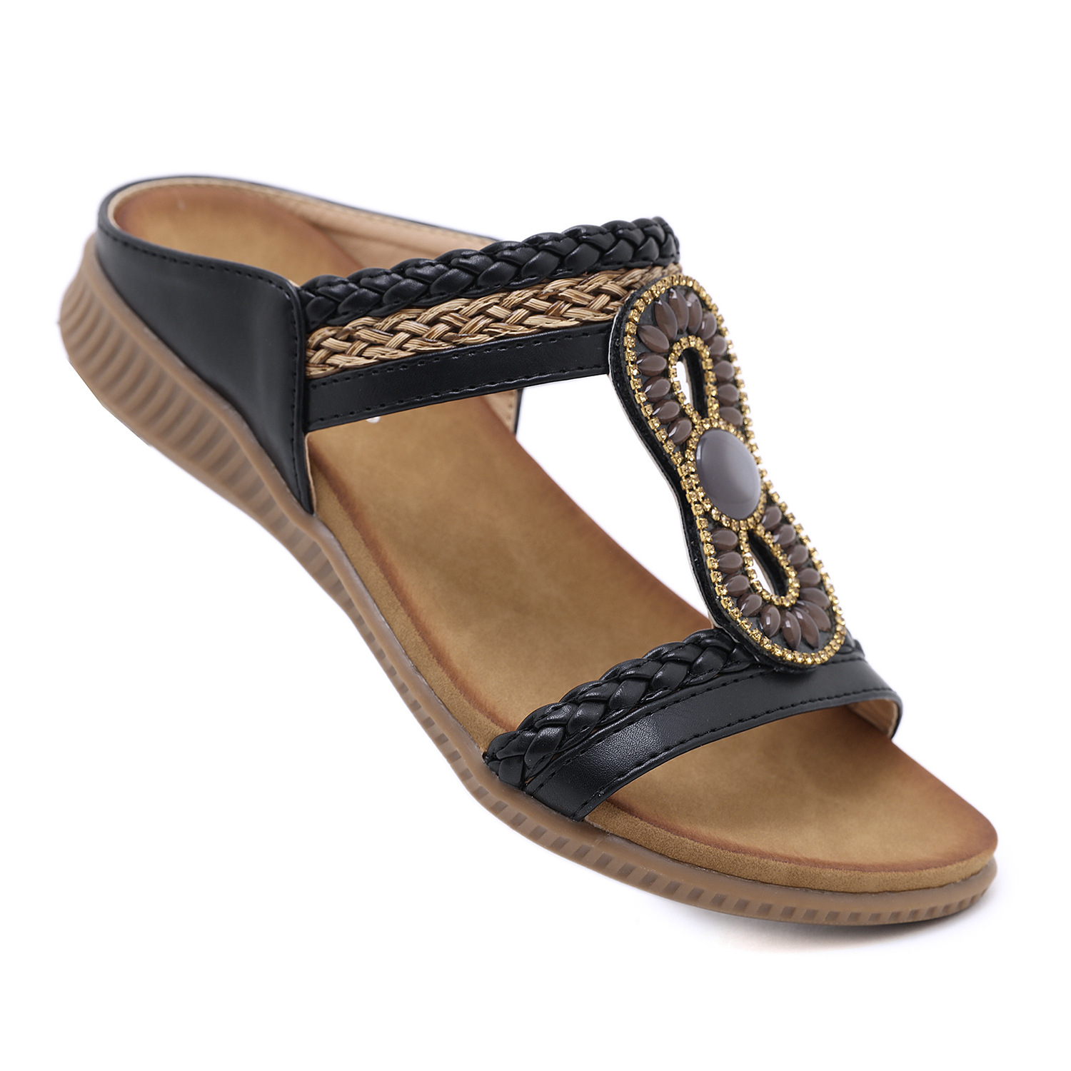 En stock 2024 nuevas sandalias europeas y americanas Bohemia rhinestone cabeza redonda cómoda vacaciones junto al mar más tamaño zapatos planos