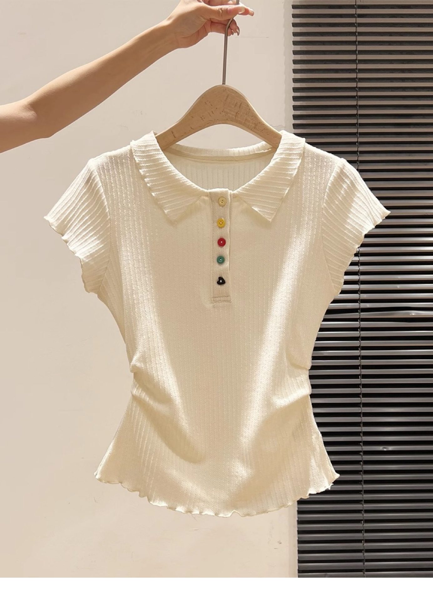 Áo thun polo nữ tay ngắn cổ bẻ cúc màu, kiểu thắt eo xếp nếp viền bèo mùa hè — màu mơ chi tiết 5