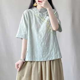 【定制】女装夏季新款复古立领刺绣提花中袖常规上衣套头三色茶服