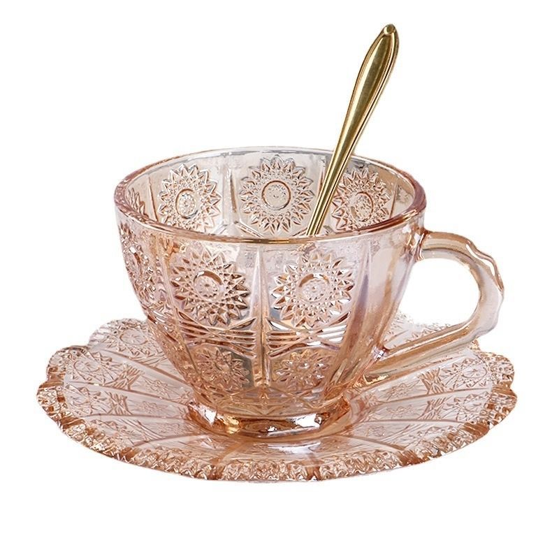 Estilo nórdico girasol vidrio en línea celebridad taza de café vintage en relieve taza platillo taza de té taza de desayuno al por mayor