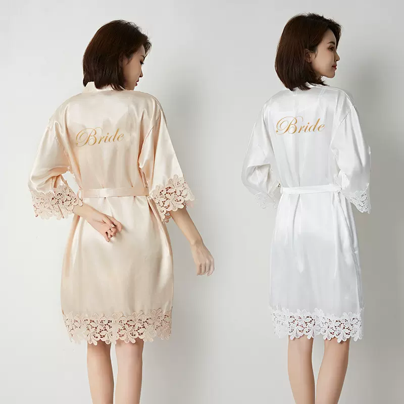 bride新娘袍晨袍女士蕾丝睡袍婚礼化妆伴娘团结婚和服仿真丝开衫