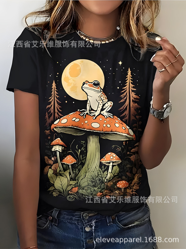 有趣的印花T恤植物图案3D打印女性休闲短袖蘑菇元素圆领T恤女上衣|undefined