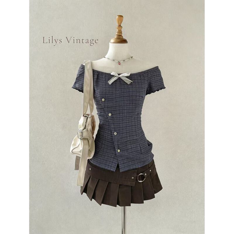 Now Available: H Plaid Story One-Shoulder Plaid Short-Sleeve Top + Brown Pleated Skirt Two-Piece Set, New Vintagen Style