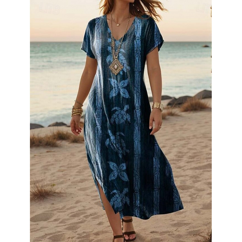 Summer Maxi Dress Casual V-Neck Long Sleeve Bohemian Peacock Print Floral Long Dress