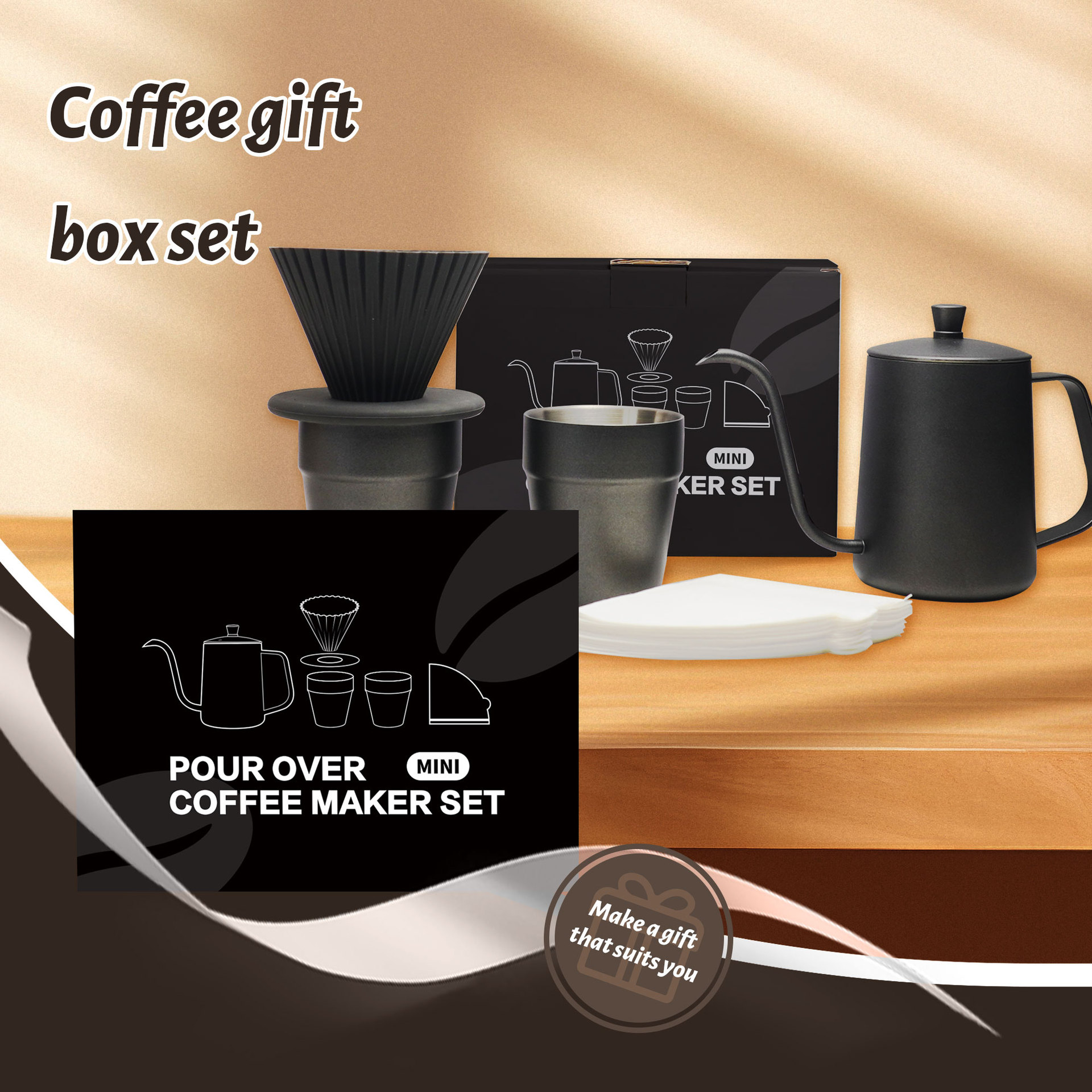 Juego de café artesanal transfronterizo de nuevo modelo, de 26 años de tradición, juego de café portátil de 6 piezas de acero inoxidable de doble pared en una caja colorida.