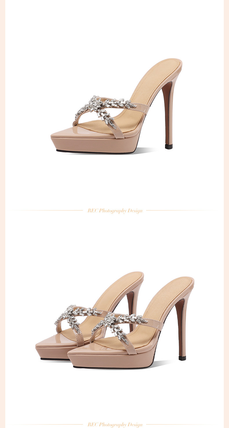 Sandal cao gót nữ mũi nhọn hở ngón đính đá rhinestone, gót 10 cm, đế platform — Màu nude 10cm chi tiết 13