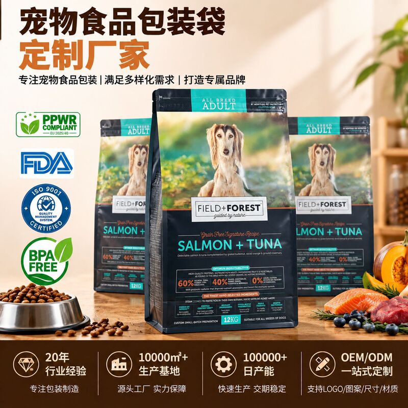 Custom dog food packaging bags with logo, eight-sided seal, zipper closure, FDA certified, for cross-border sales; custom designs available upon request