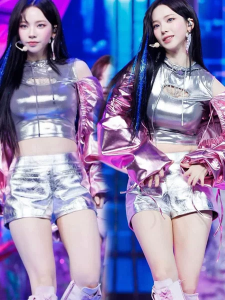 Aspa Girl Group Yoo Ji-Min Supernova Singing Suit Future Technology Jazz Stage Silver Glossy Shorts