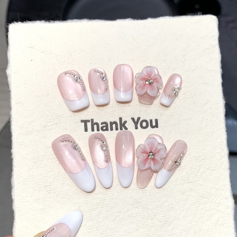 【Water Lily】Three-Dimensional Carved Ultra-Brightening Cat Eye French Gentle Handmade Wearable Nail Art Stickers 【Water Lily】Three-Dimensional Carved Ultra-Brightening Cat Eye French Gentle Handmade Wearable Nail Art Stickers