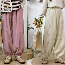 824827冬女装新款森系松紧腰蝴蝶结刺绣宽松灯芯绒阔腿裤九分裤女