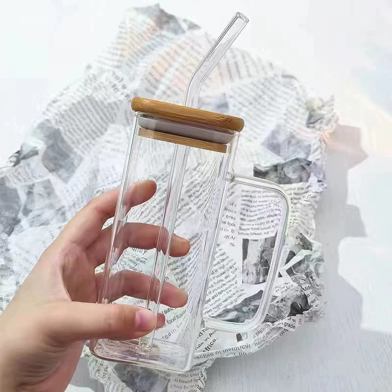 Квадратная стеклянная чашка, боросиликат 400 мл, цветная ручка или со straw