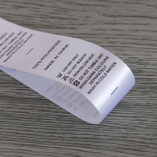 Custom made satin ribbon screen printing water labels, flexo clothing washing labels, custom nylon strap printing brand clothing water labels