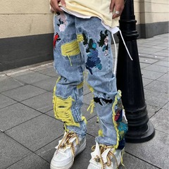ヨーロッパとアメリカのハイストリートブラッシュ刺繍ジーンズメンズヒップホップストリートストレートレッグルーズフロアレングスパンツ外国貿易カップル