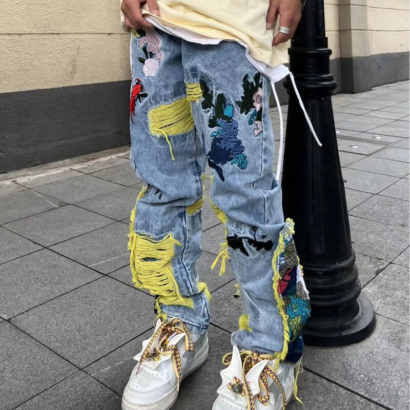 European and American High Street Brushed Embroidered Jeans Men's hiphop Fried Street Straight Loose Trousers for Foreign Trade Couple