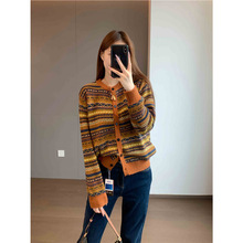 温暖系绵羊毛山羊绒混纺 复古费尔岛提花图案宽松版圆领针织开衫