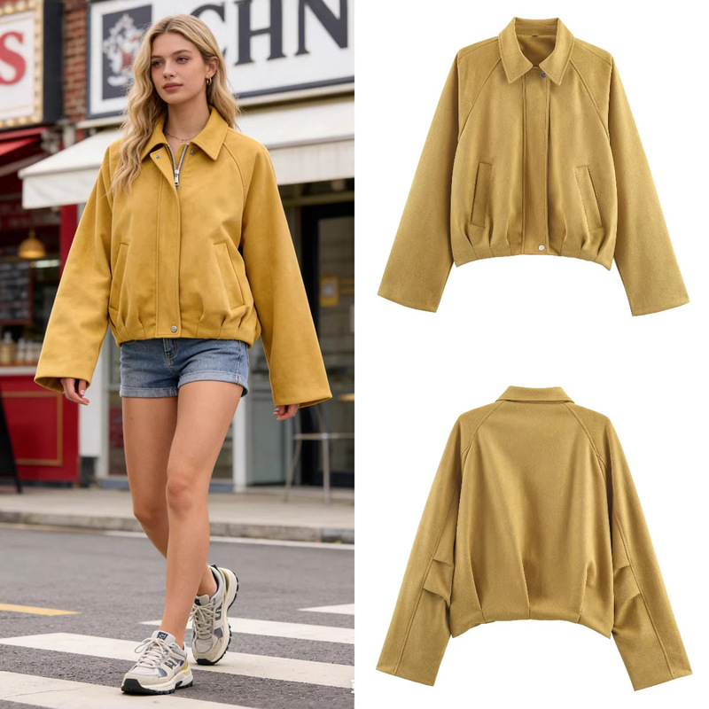 Z Brand Foreign Trade Cross-Border In-Stock European and American Style Women's Clothing 2026 Spring New Suede Effect Bomber Jacket