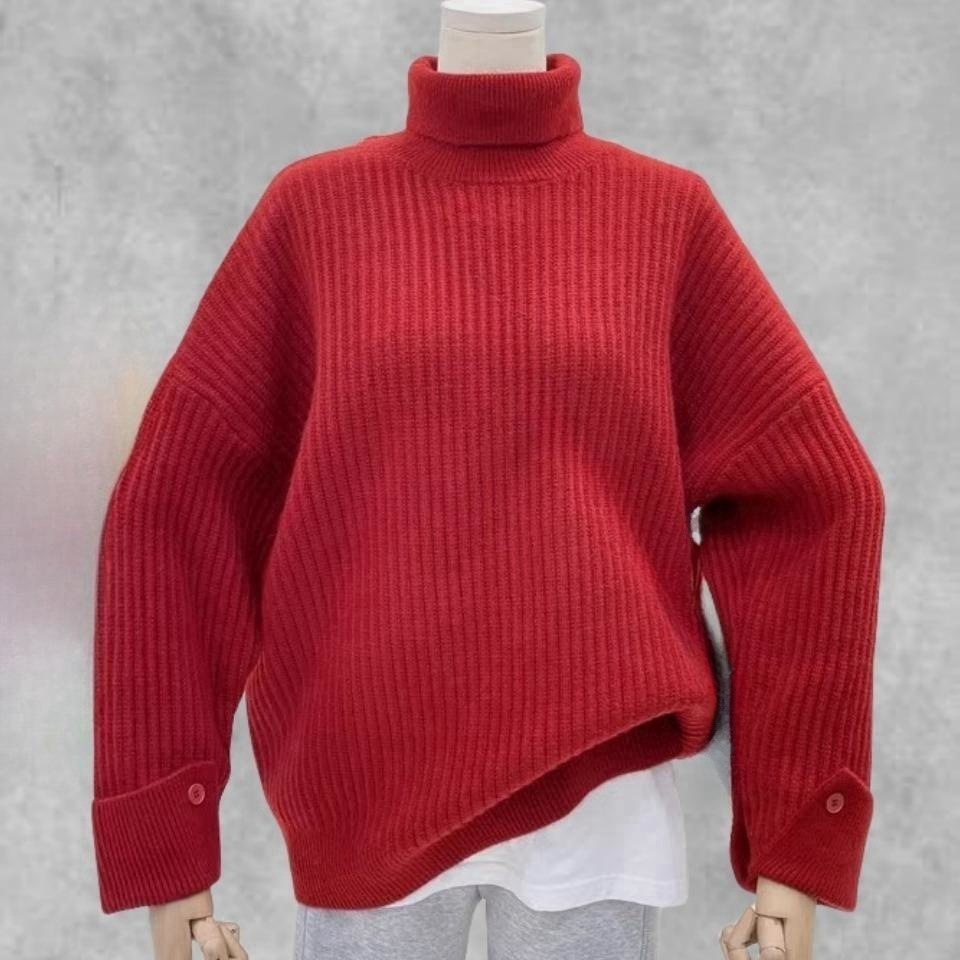 Autumn and winter solid color high neck loose knit sweater women, suitable for women_voghion.com