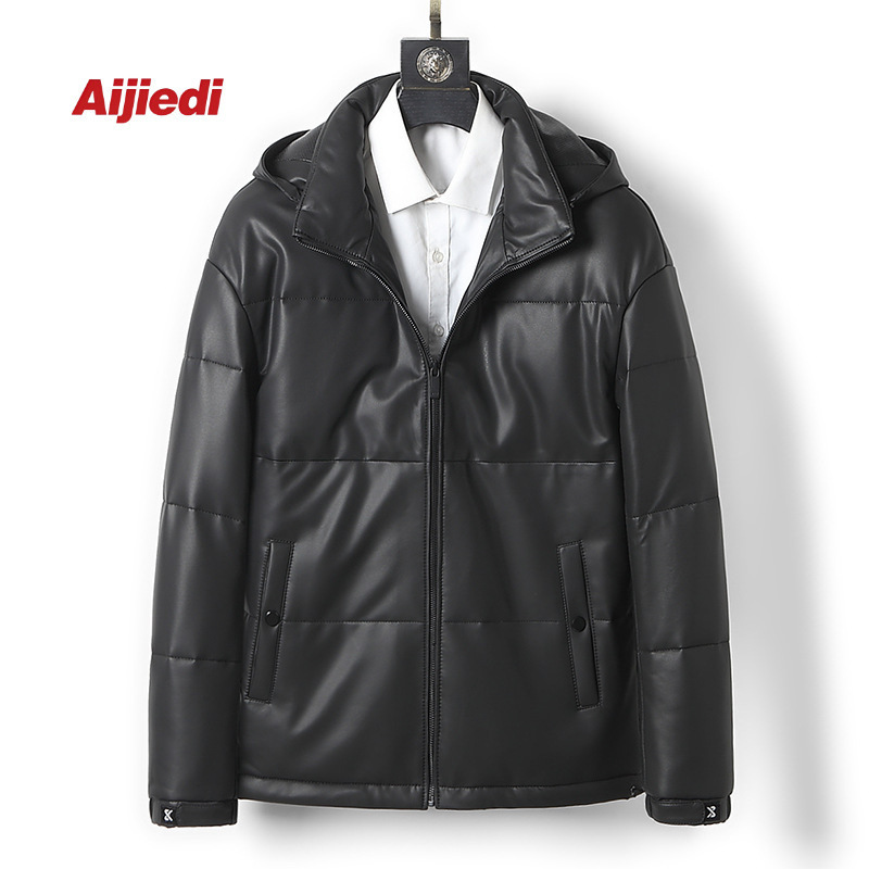 Men's down Jacket Winter Business Men's New Coat Jacket Hooded Goatskin Genuine Leather Goose down Thickeneded and Warm