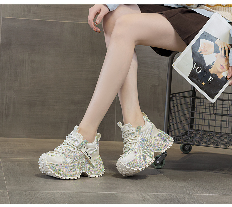 Giày sneaker nữ chunky đế dày phối đá pha lê cao cấp — Xám 5031, Be 5031 chi tiết 18