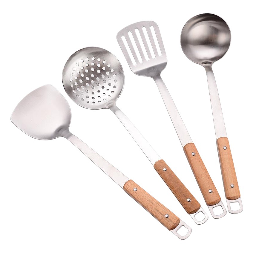 Suministro directo de fábrica 304 espátula de acero inoxidable utensilios de cocina del hogar cocina frito mango de madera traje de cocina Conjunto de 4 piezas