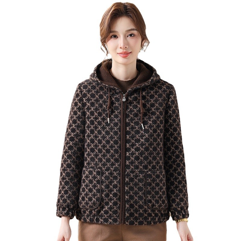 中年妈妈加棉连帽厚外套冬季中老年女装保暖防寒棉服品质夹克棉衣
