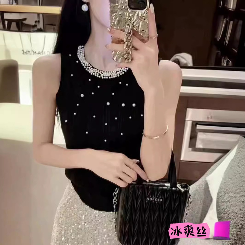 European Heavy Industry Nail Beads Ice Silk Vest Knitted Sweater Spring and Summer New Korean-style Slim Look Sleeveless All-match Base Top European Heavy Industry Nail Beads Ice Silk Vest Knitted Sweater Spring and Summer New Korean-style Slim Look Sleeveless All-match Base Top