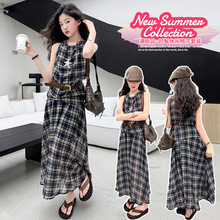 女童格子裙套装2026夏季新款无袖背心上衣大儿童半身裙子三件套潮