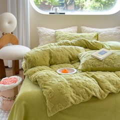 INS Cloud Flower Shimmer Cotton Four-Piece Set Winter Warm Bed Sheet Set with Cover and Sheet, Machine Washable Solid Color Fleece