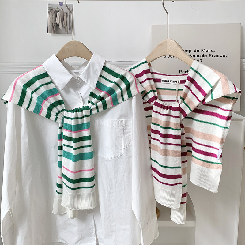 Pequeño chal de punto de primavera, otoño, invierno y verano con falda de red sala de aire acondicionado de moda a rayas de aire exterior