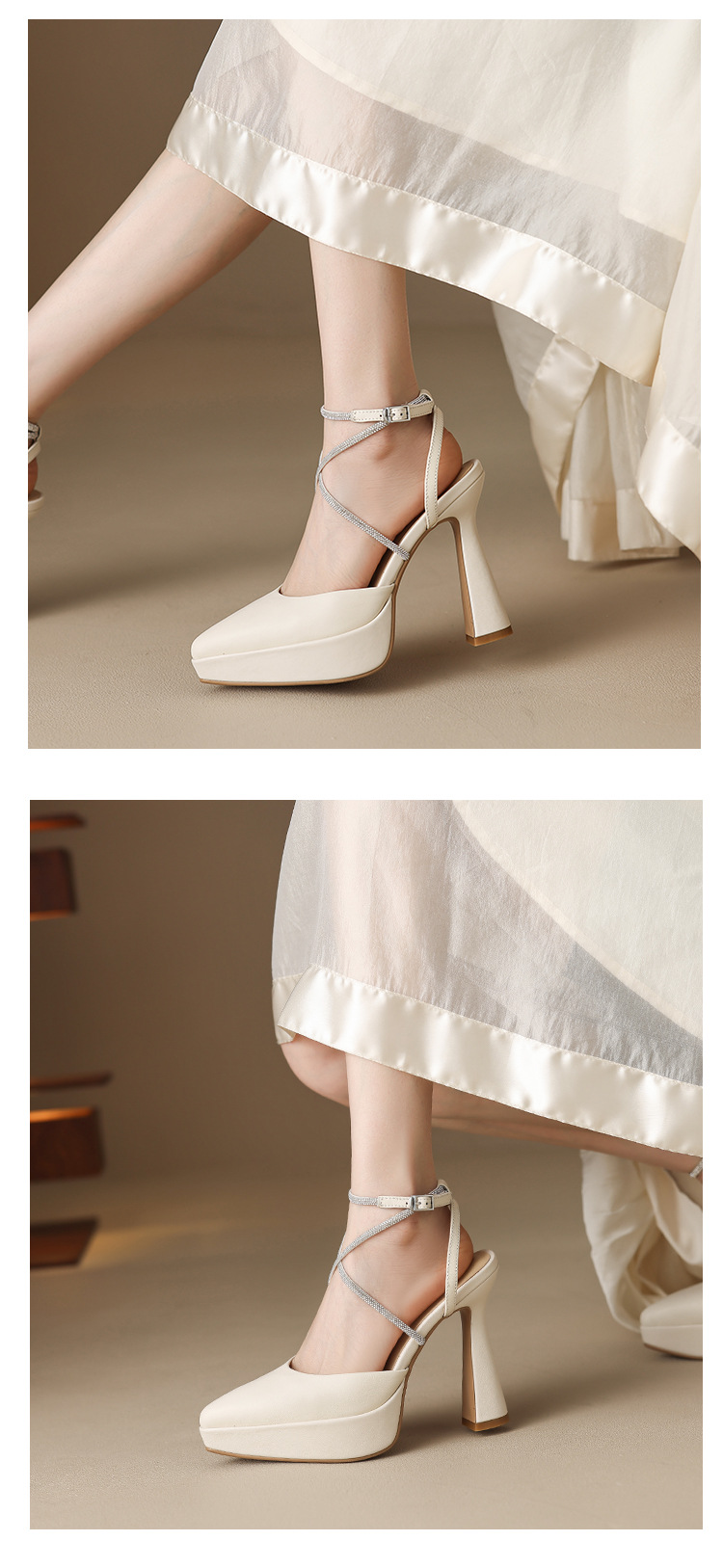 Giày sandal cao gót nữ đính đá mũi kín gót vuông platform 9 cm — màu đen, màu trắng ngà chi tiết 9