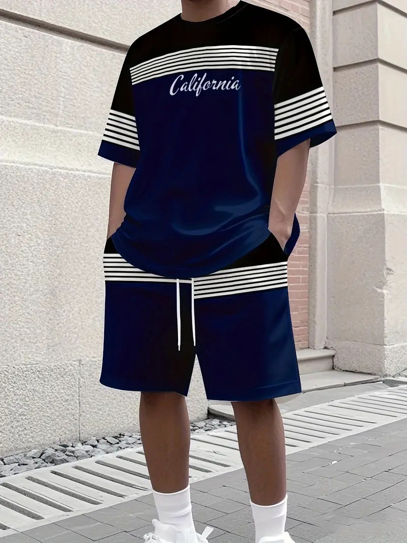 Men's Summer Gradient Letter 3D Digital Print T-Shirt And Shorts Set Trendy Casual Basic Comfortable Two-Piece Outfit_viptrois.com