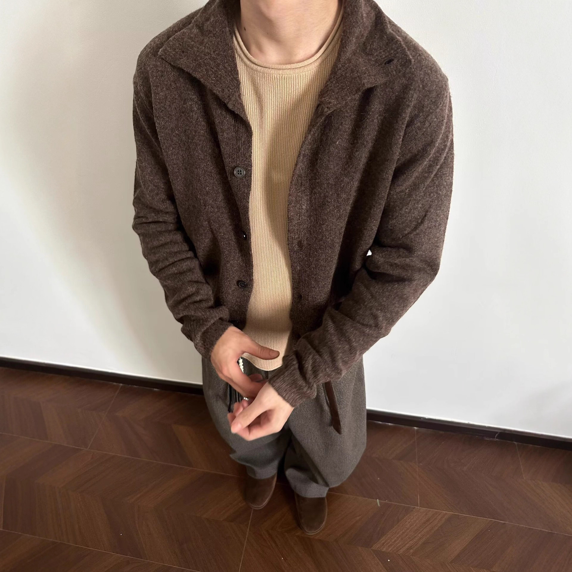 Old Money Style Coffee Color Blended Half Turtleneck Knitwear Cardigan Men's Autum High-End Cleanfit Knitwear Jacket