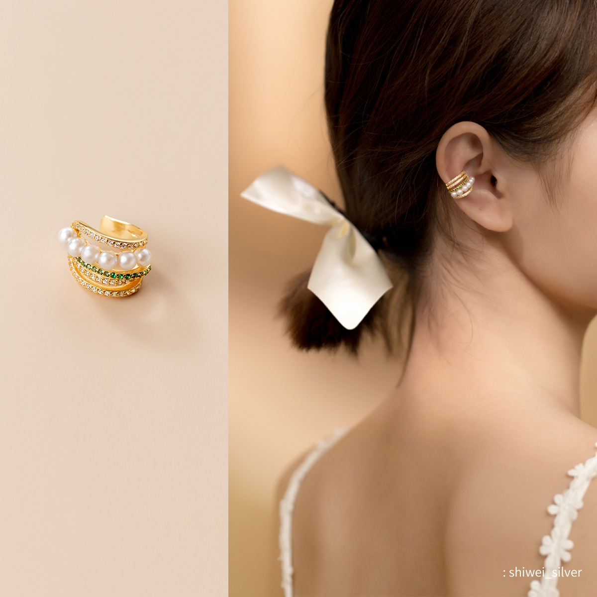 Eloch s925 plata retro sintética perla oreja clips de perlas para mujeres solo diamantes multicapa oreja clips G8734