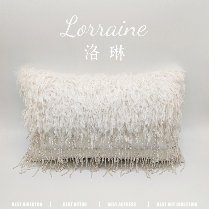 European-Style Light Luxury High-End Handmade Pearl White Feather Pillow Hotel Sofa Soft Cushion Goddess Lumbar Pillow