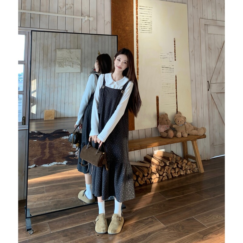 Milk Gray Suspender Dress Set 2026 Spring New Style College Style Super Stylish Base Shirt and Long Skirt Two-Piece Set