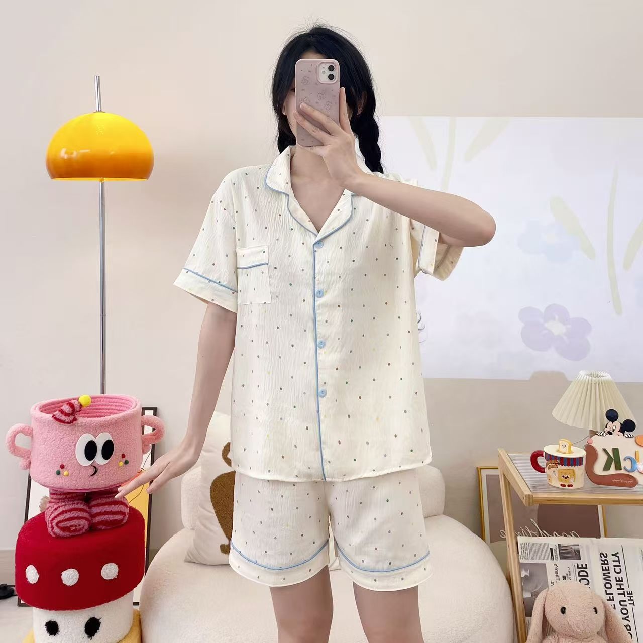 Al por mayor transfronterizo nuevo verano nubes de algodón dibujos animados mangas cortas pantalones cortos pijamas ropa de casa de mujer set ropa de casa de moda