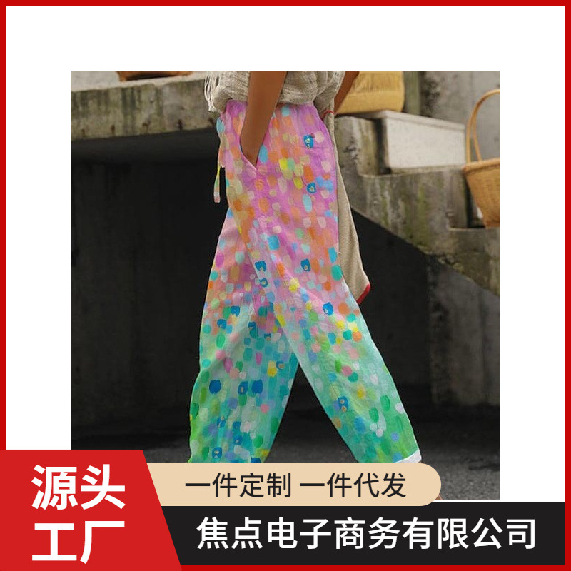 2024跨境独立站新款玲珑麻抽绳长裤气质休闲3D数码印POD一件定 制