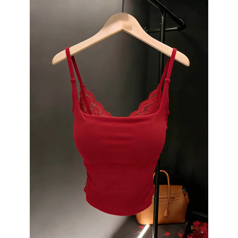Angola Red Really Makes Skin Look Fairer! Hot Girl Butterfly Lace Backless Camisole Women's Slim Fit Short Top with Chest Pads