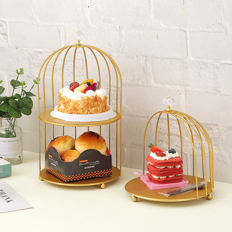 Iron Double-Layer Golden Birdcage Dessert Table Display Stand Ornaments Tea Break Table Cake Tray Pastry Shelf Props