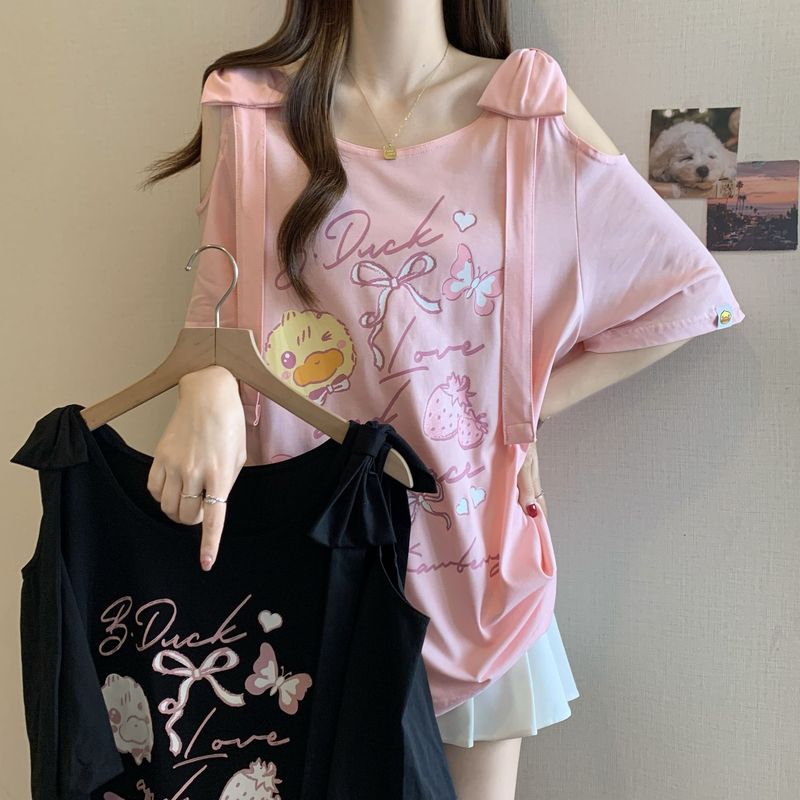 大きいサイズのリボンオフショルダー黒半袖Tシャツ女性用2025年夏新作ファットmmルーズスリミングトップ|undefined