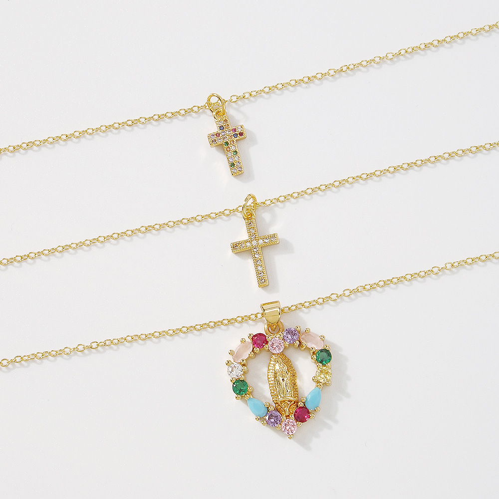 fashion simple cross heart brass inlaid color zircon necklace wholesale