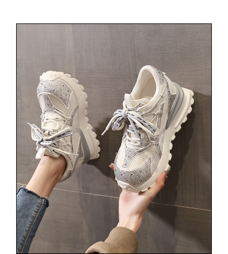 Giày sneaker nữ chunky đế dày lưới phối đá rhinestone — màu trắng chi tiết 14