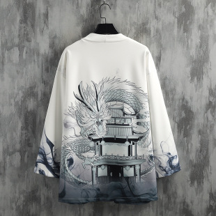 2023 autumn and winter New Chinese style men's clothing retro fashion printed Hanfu cloak Japanese style robe cardigan trench coat for men