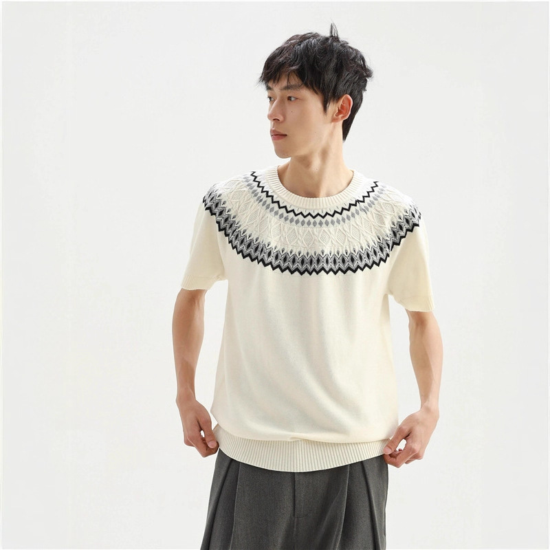 Shangdenghao Jacquard Knitted Short-Sleeved T-Shirt Men's 2025 New Summer Thin American Retro Couple Half-Sleeved Top