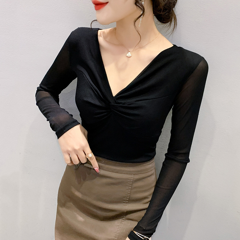 T-shirt da donna slim in rete a maniche lunghe con camicia slim a fondo incrociato_voghion.com