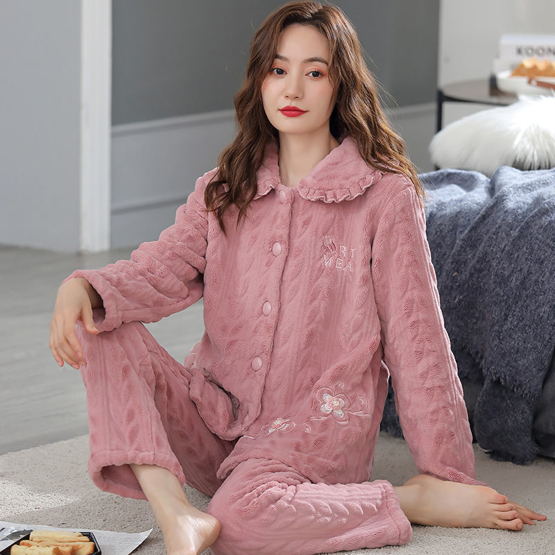 산호 벨벳 파자마 여성의 가을과 겨울 기모 두꺼운 양면 벨벳 겨울 중년 엄마 가정 옷을 입고 세트